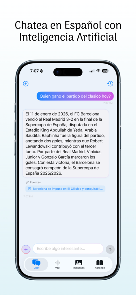 Inteligencia Artificial IA - Interface of the Spanish language AI assistant app showing a chat conversation about a soccer match.