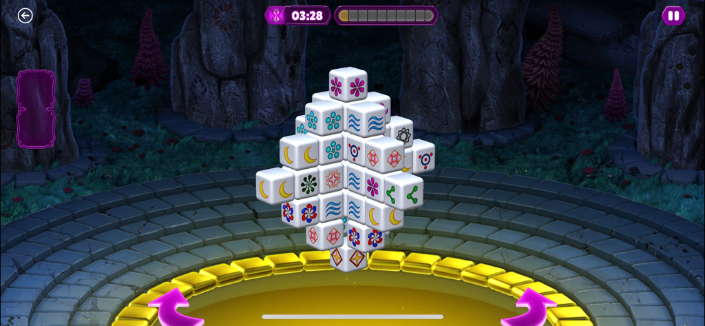 Tap Tiles - 3D Mah-jong Games - A 3D mahjong tile puzzle cluster in a mystical stone arena with rotation arrows and a countdown timer