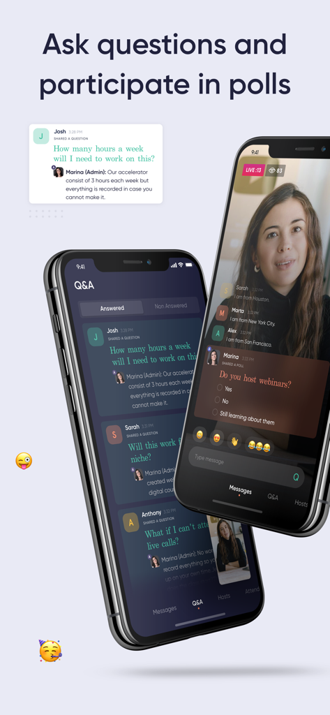 Webby App mobile screens showing live webinar interaction with questions and polls.