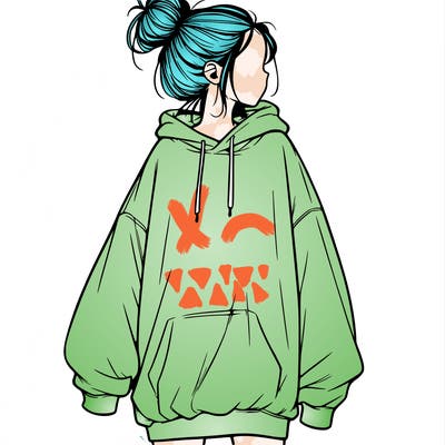 realistic girl with a oversized sweatshirt on and a bun