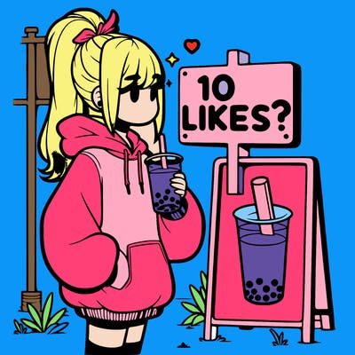 girl with oversized hoodie drinking boba and she has a high ponytail with a sign that says 10likes?