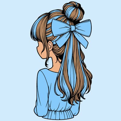 realistic girl  with hip length hair a bun and a big bow on the back of head