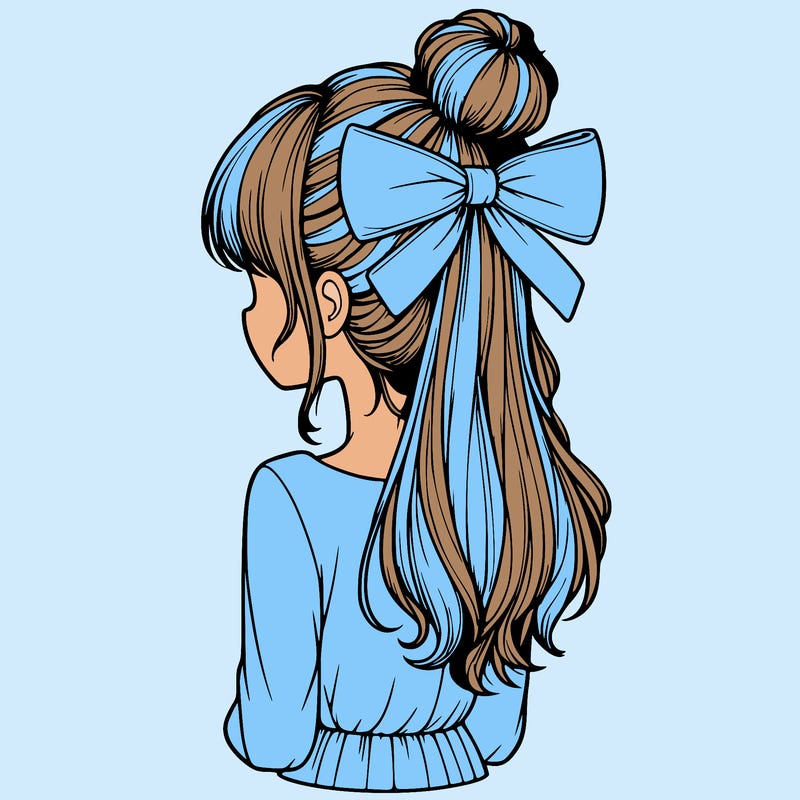 realistic girl  with hip length hair a bun and a big bow on the back of head