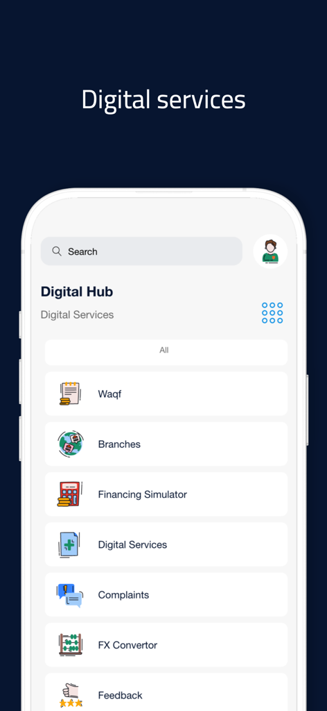 MySalam+ - Digital hub of MySalam plus app showing various banking services including a financing simulator and branch locator