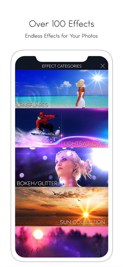 LensLight Visual Effects - LensLight app interface displaying various photo lighting effect categories like Lens Flares and Bokeh.