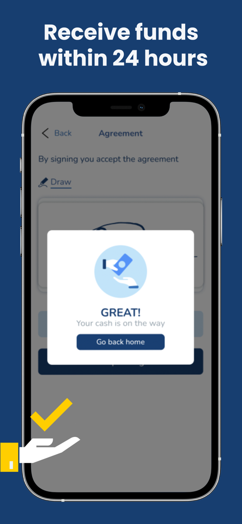 A screenshot of the Ualett app confirming that cash is on the way within 24 hours for a gig worker.