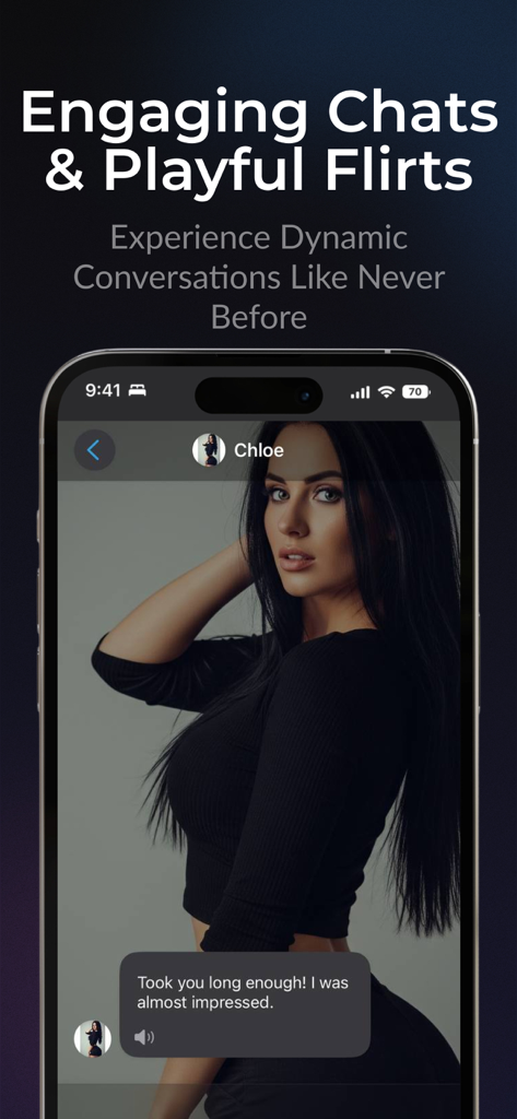 AI Girlfriend Chat: Roleplay - Mobile screen showing a flirty chat and photo of AI character Chloe in the AI Girlfriend Chat app.