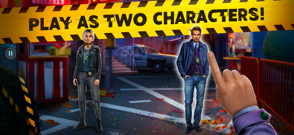 Hidden Objects: Deathly Trick - Screenshot of two detective characters standing at a street crime scene with a police car and play as two characters text banner