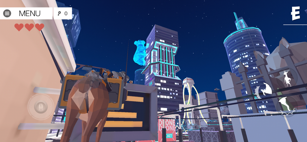 Gameplay screenshot of DEEEER Simulator showing a deer in a city at night with a giant blue koala climbing a skyscraper.