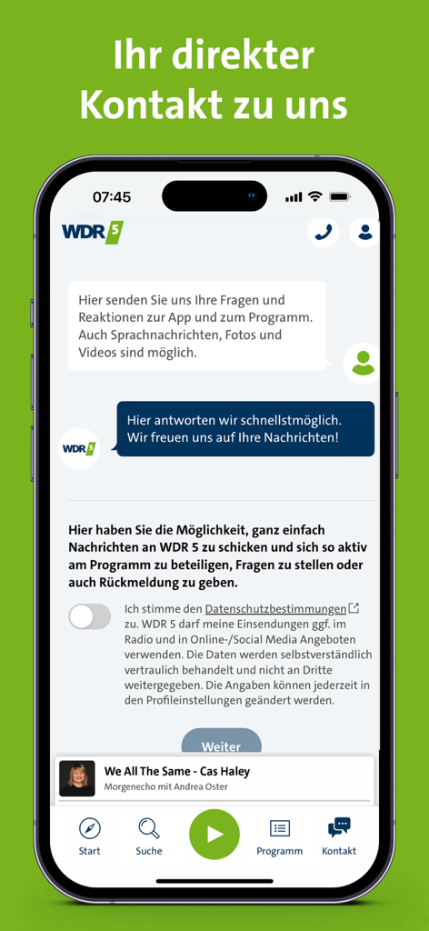 WDR 5 - Contact screen of the WDR 5 app showing a messaging interface for listener feedback and questions.