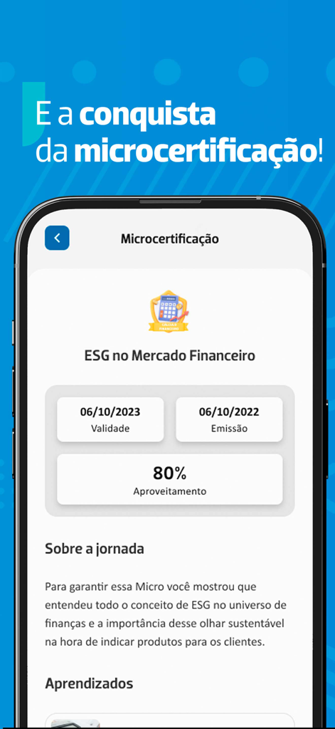 ANBIMA Edu - ANBIMA Edu mobile app screen showing a completed ESG micro-certification in the financial market with an 80 percent score.