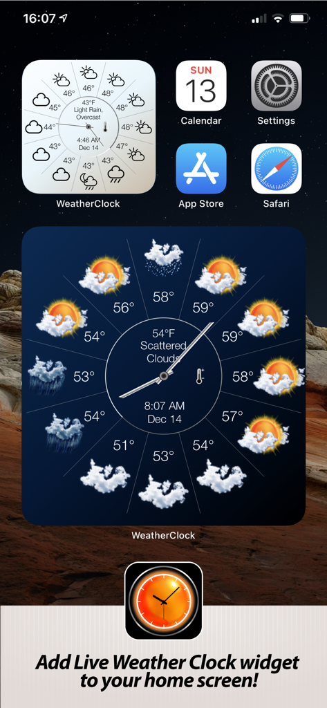 Weather Clock Widget - Weather Clock Widget showing hourly weather forecast on an iPhone home screen