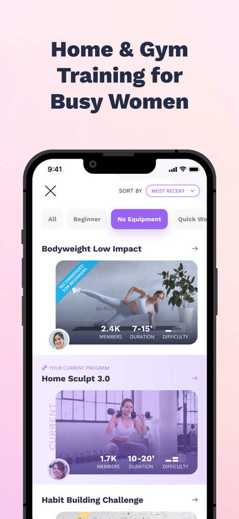Nüli - Home & Gym Workouts - Nuli app interface showing home and gym workout programs and filters for busy women.
