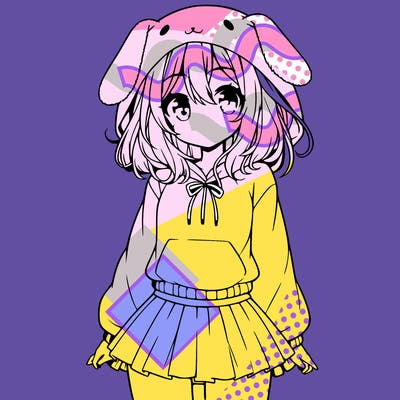 pretty anime girl wearing a fluffy hoodie with bunny ears on the hood and a skirt