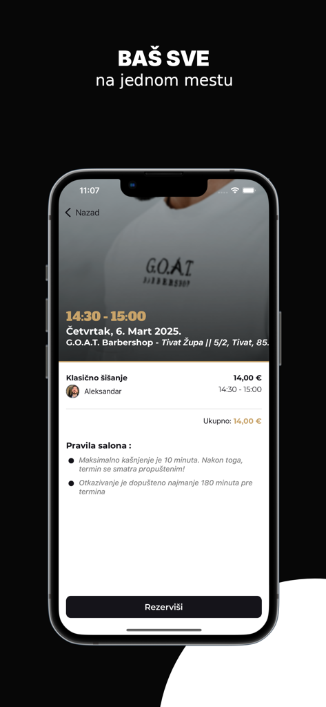 GOAT Barbershop Tivat - Pantalla de reserva de la aplicación móvil GOAT Barbershop Tivat mostrando un resumen de la reserva para una cita de corte de pelo clásico
