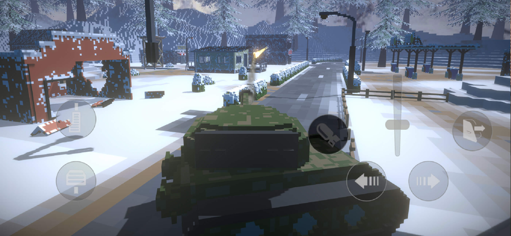 Voxel Destruction Sandbox - A camouflage tank driving through a snowy voxel town in the Voxel Destruction Sandbox mobile game.