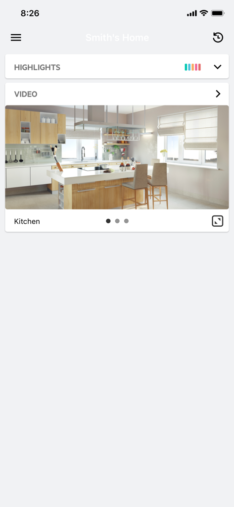 Sector Alarm Video app interface displaying a live camera feed of a modern kitchen