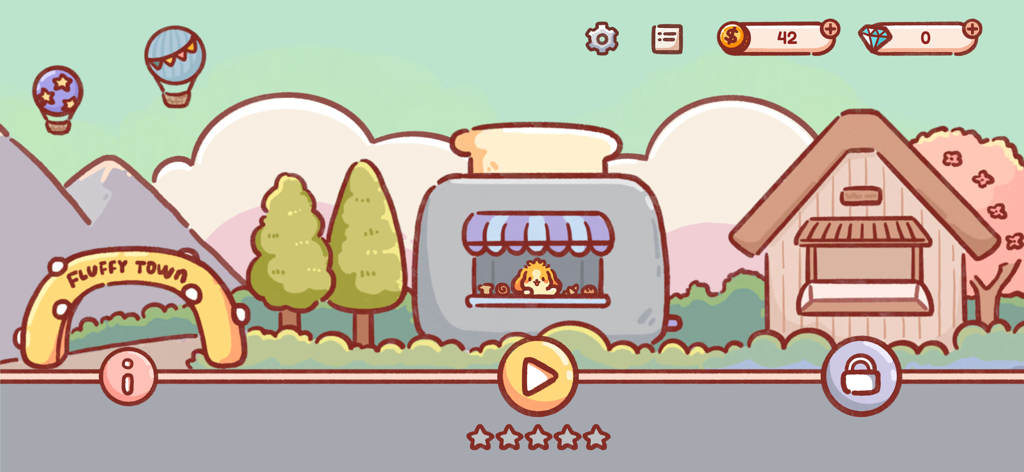 Oishii - Cooking Journey - Level-Auswahlbildschirm von Oishii Cooking Journey mit Fluffy Town und einem Welpen in einem Toaster-förmigen Café