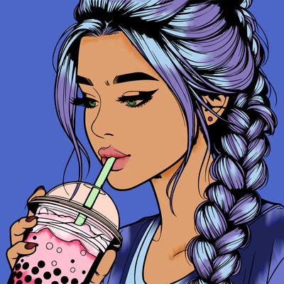 realistic girl drinking boba tea with braided hair