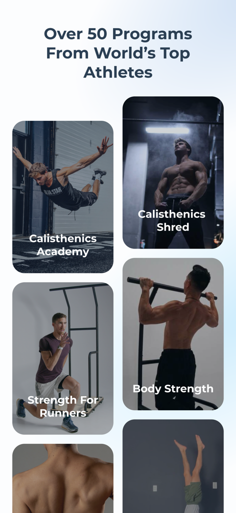 Macrofit Fitness app interface showcasing elite training programs like Calisthenics Academy and Strength for Runners led by top athletes