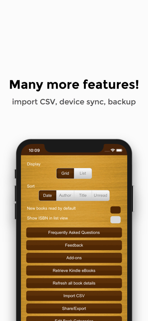 My Book List - Library Manager - Settings screen of My Book List app showing options for Kindle import, CSV management, and library customization.