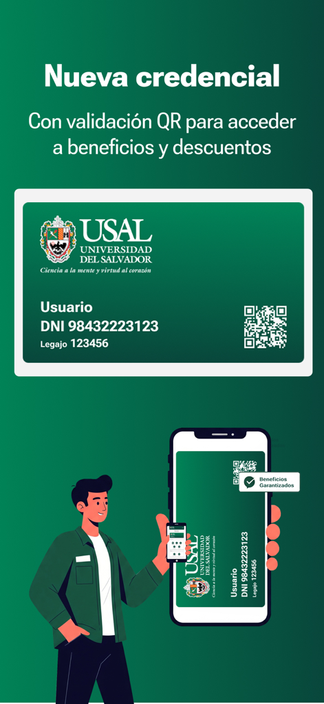USAL Universidad del Salvador - Smartphone screen displaying the USAL digital university ID card with a QR code for student access and benefits