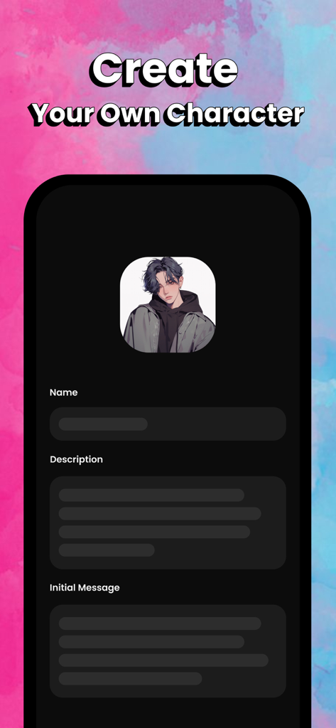 Interface of the Soulplay app showing the character creation screen with an anime-style avatar and input fields for name and description.