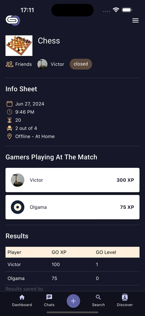 Gamers.Online: LFG & Friends - Gamers Online App-Oberfläche, die ein Schachspiel-Informationsblatt mit Spieler-Rankings und verdienten XP-Leveln anzeigt
