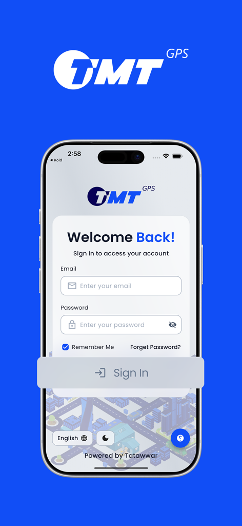 Anmeldebildschirm für die TMTGPS Flottenverfolgungs-App mit Eingabefeldern für E-Mail und Passwort