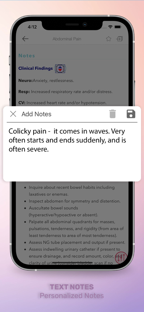 Interface of RNotes app showing the feature to add personalized text notes to clinical entries.