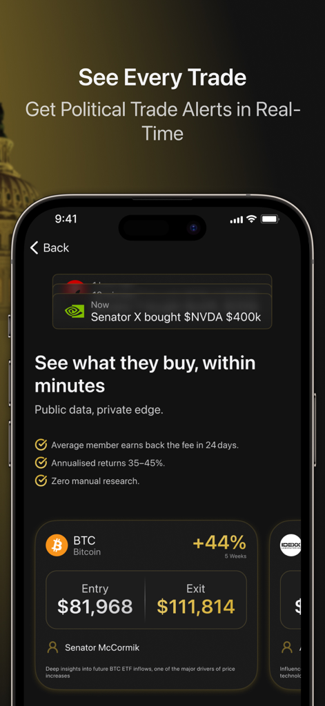Wolf of Washington - Wolf of Washington mobile app interface showing real time political trade alerts and investment performance insights
