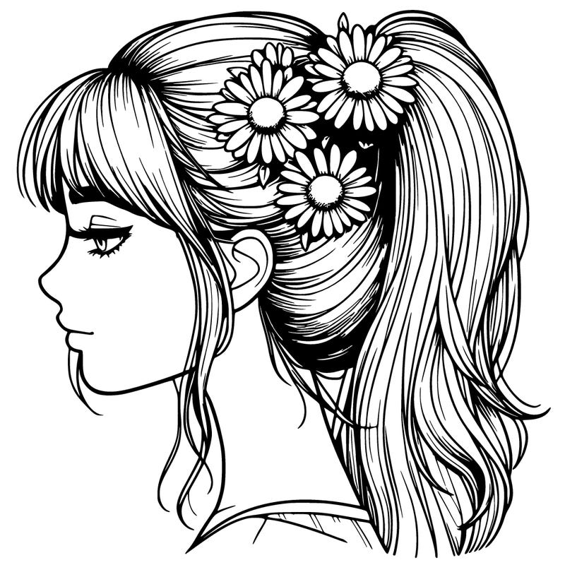 realistic girl with ponytail and daisys in it