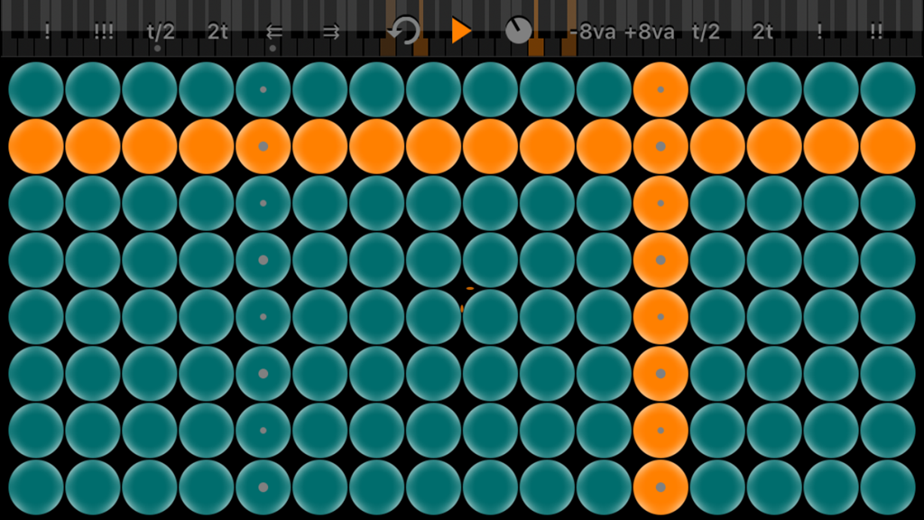 Arpeggionome for iPhone | matrix arpeggiator - Interface of Arpeggionome music app showing a grid of teal and orange circles for arpeggio composition
