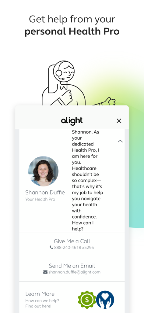 Alight Mobile - Alight Mobile app screen featuring a personal Health Pro profile with call and email support options.