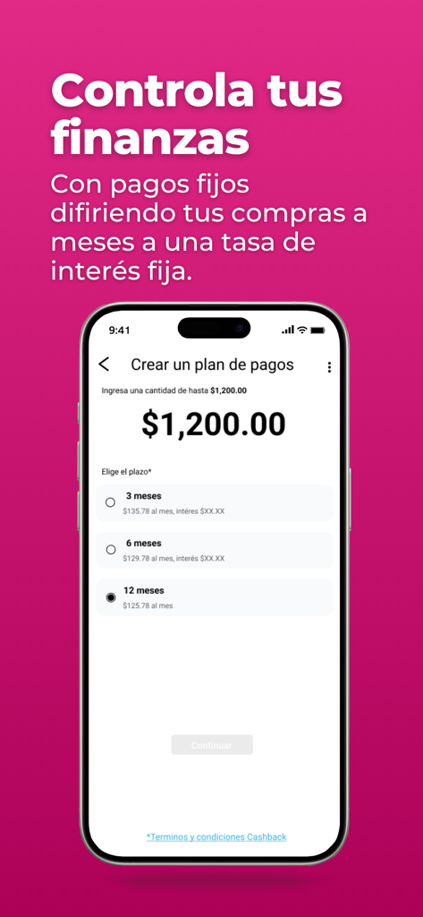 Vexi - Pantalla de smartphone que muestra la interfaz de la app Vexi para configurar un plan de pago mensual con tasas de interés fijas para 3, 6 o 12 meses.