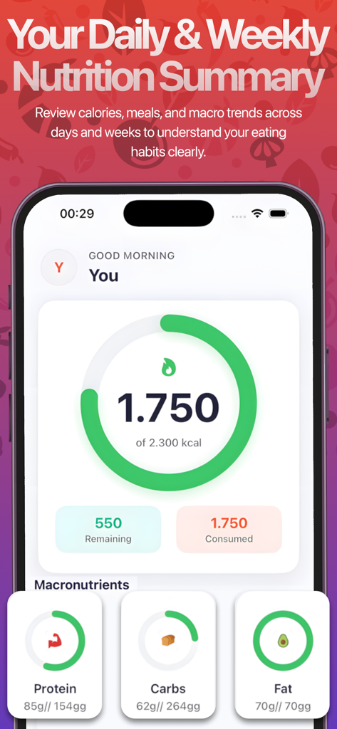 LensNutri : AI Calorie Counter - LensNutri app dashboard displaying daily calorie and macronutrient progress rings