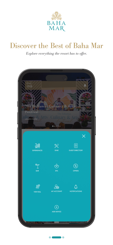 Experience Baha Mar - Experience Baha Mar mobile app screen showing a menu with icons for dining, spa, guest directory, and account management.
