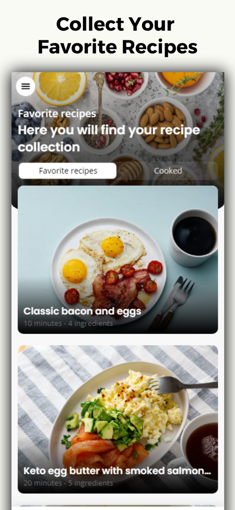 Low Carb Recipes & Keto Diet - Interfaz de una aplicación móvil que muestra una colección de recetas keto favoritas como huevos con tocino y salmón ahumado
