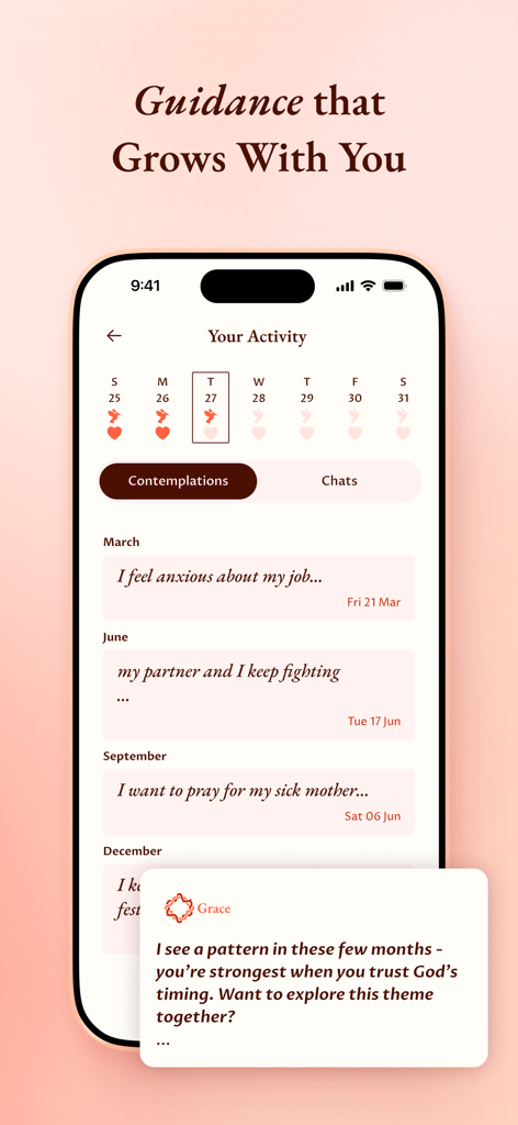 A screen from the Grace app showing a history of personal reflections and AI spiritual guidance patterns