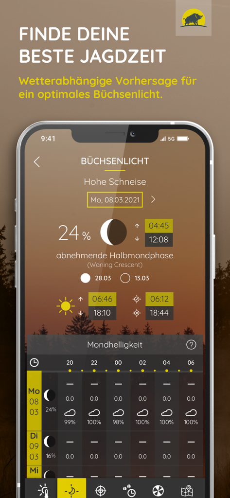 Jagdwetter - Jagdwetter app screen displaying moon phase and shooting light forecast for hunters