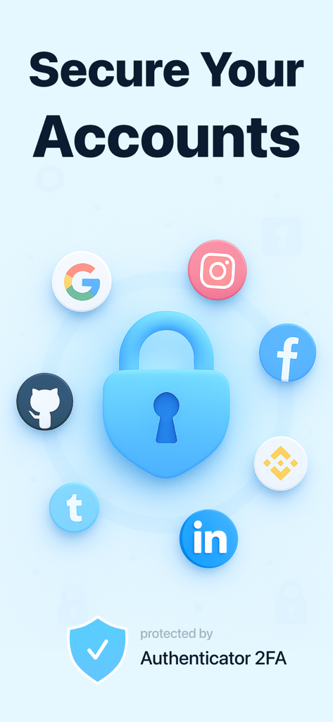 Authenticator App: 2FA OTP - Bildschirm 'Konten sichern' mit einer 3D-blauen Sperre, die Google-, Instagram- und LinkedIn-Symbole schützt