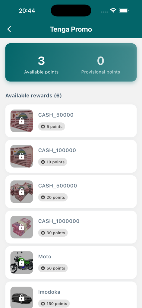 Enoti app rewards page showing available points and redeemable prizes