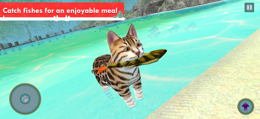 My Cat: Virtual Cat Simulator - Un gato virtual sosteniendo un pez atrapado en su boca mientras nada en un lago