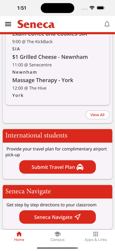 Seneca Mobile - Seneca Mobile app home screen showing campus events international student travel plans and campus navigation