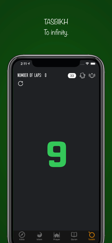 Muslim Watch - Digital Tasbih prayer counter interface on an iPhone showing a count of nine