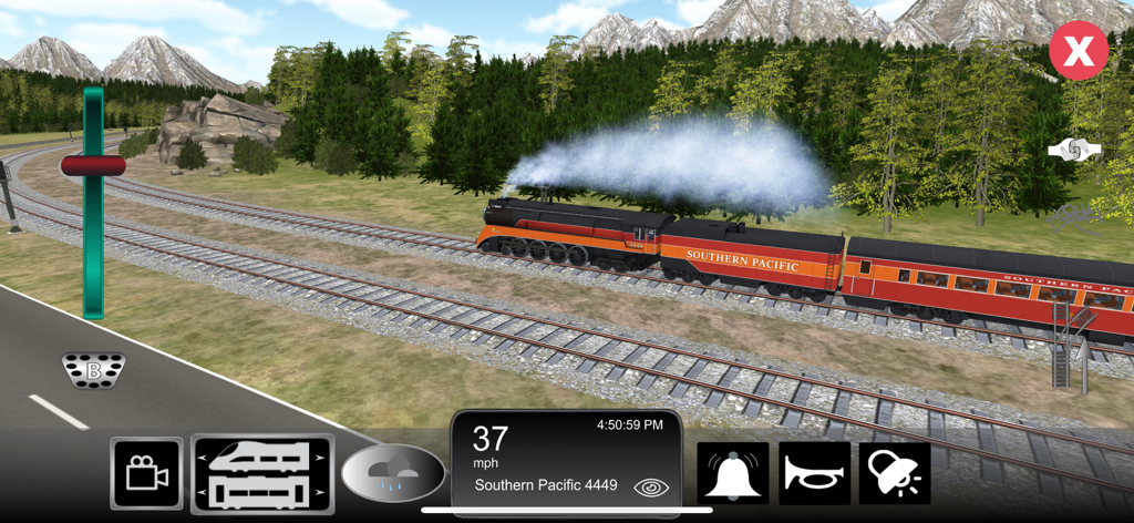 Train Sim - Southern Pacific 4449 steam train driving through a mountain forest in the Train Sim mobile app