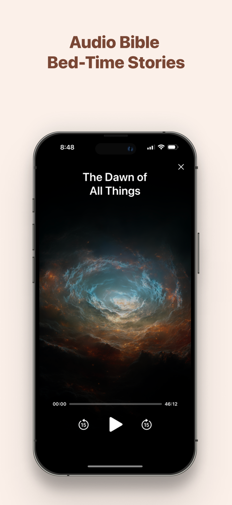 Interfaz de historias bíblicas en audio para dormir en la aplicación Evangelio
