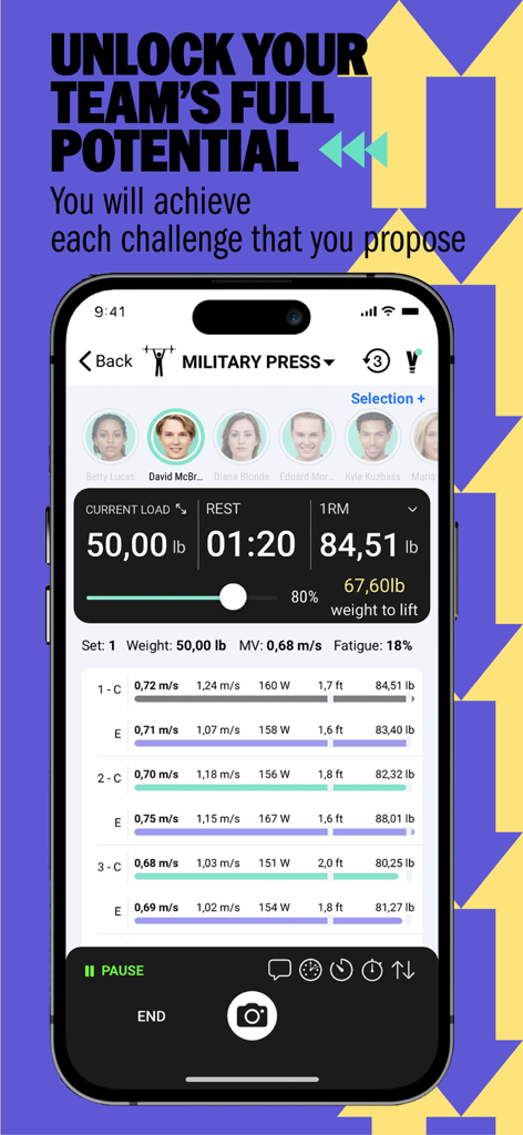 Vitruve Teams app dashboard showing real-time velocity based training metrics for a military press exercise.