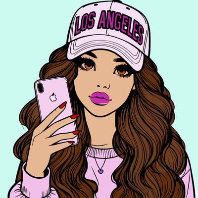 realistic beautiful girl wearing los ángeles cap holding an iphone