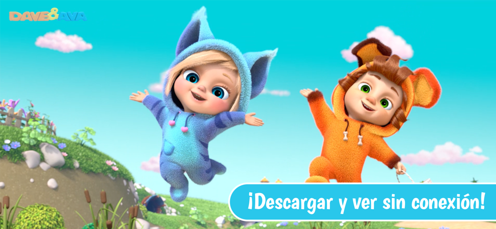 Canciones InfantiIes - Dave and Ava characters jumping in a sunny meadow with Spanish text promoting offline viewing